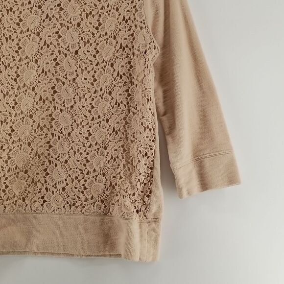 Anne Taylor Sweater Women's Tan 3/4 Sleeve Rear 1/4 Zip Crocheted Front Cotton - Picture 4 of 11